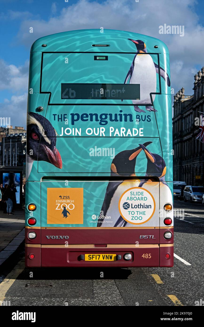 Der Pinguin-Bus, Edinburgh Zoo Werbespot mit Penguinson auf der Rückseite eines Lothian-Busses auf der Princes Street, Edinburgh, Schottland, Großbritannien. Stockfoto