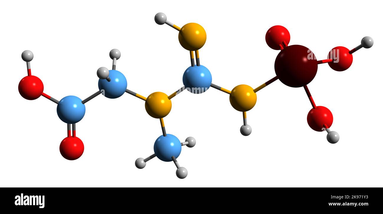 3D Bild der Skelettformel von Phosphokreatin - molekulare chemische Struktur von Kreatinphosphat isoliert auf weißem Hintergrund Stockfoto
