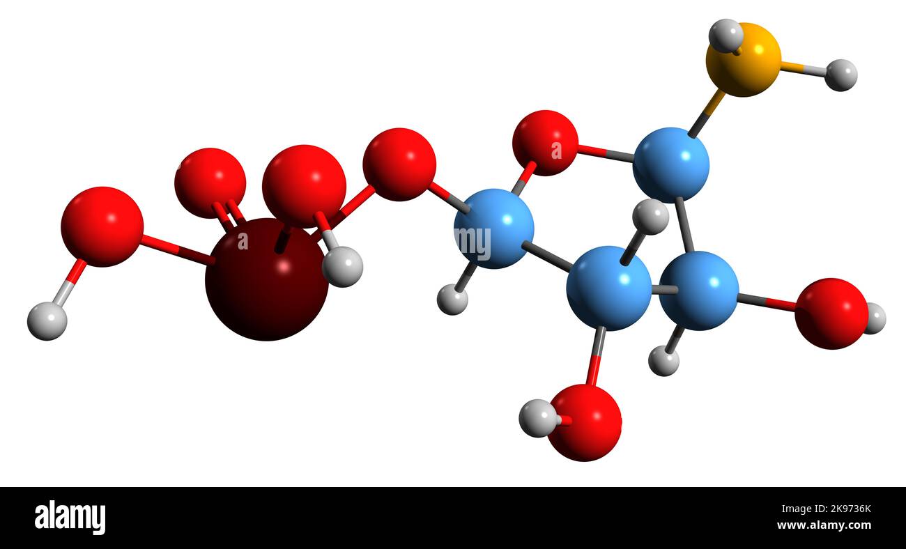 3D Bild der Skelettformel von Phosphoribosylamin - molekularchemische Struktur biochemischer Zwischenprodukte auf weißem Hintergrund isoliert Stockfoto