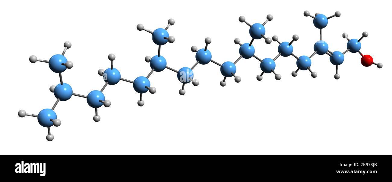 3D Bild der Phytol-Skelettformel - molekularchemische Struktur des azyklischen hydrierten, auf weißem Hintergrund isolierten Ditterpenalkohols Stockfoto