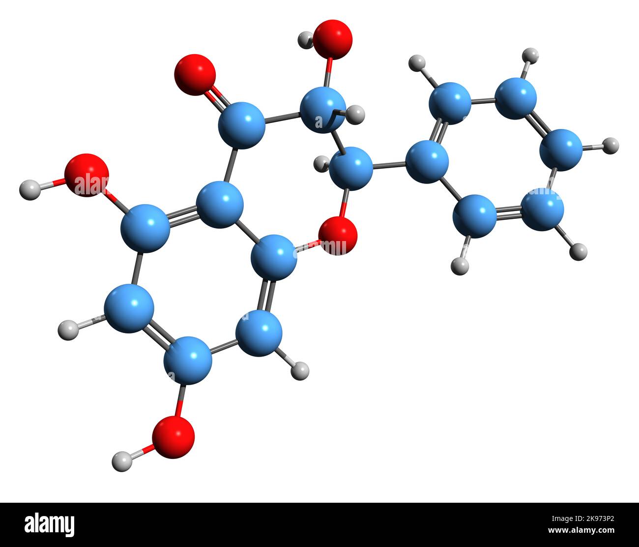 3D Bild der Skelettformel von Pinobanksin - molekulare chemische Struktur des antioxidativen Bioflavonoids, isoliert auf weißem Hintergrund Stockfoto