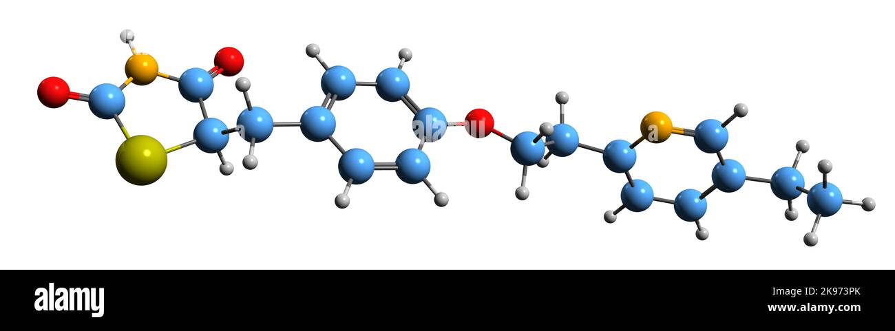 3D Bild der Pioglitazon-Skelettformel - molekularchemische Struktur von Antidiabetika isoliert auf weißem Hintergrund Stockfoto