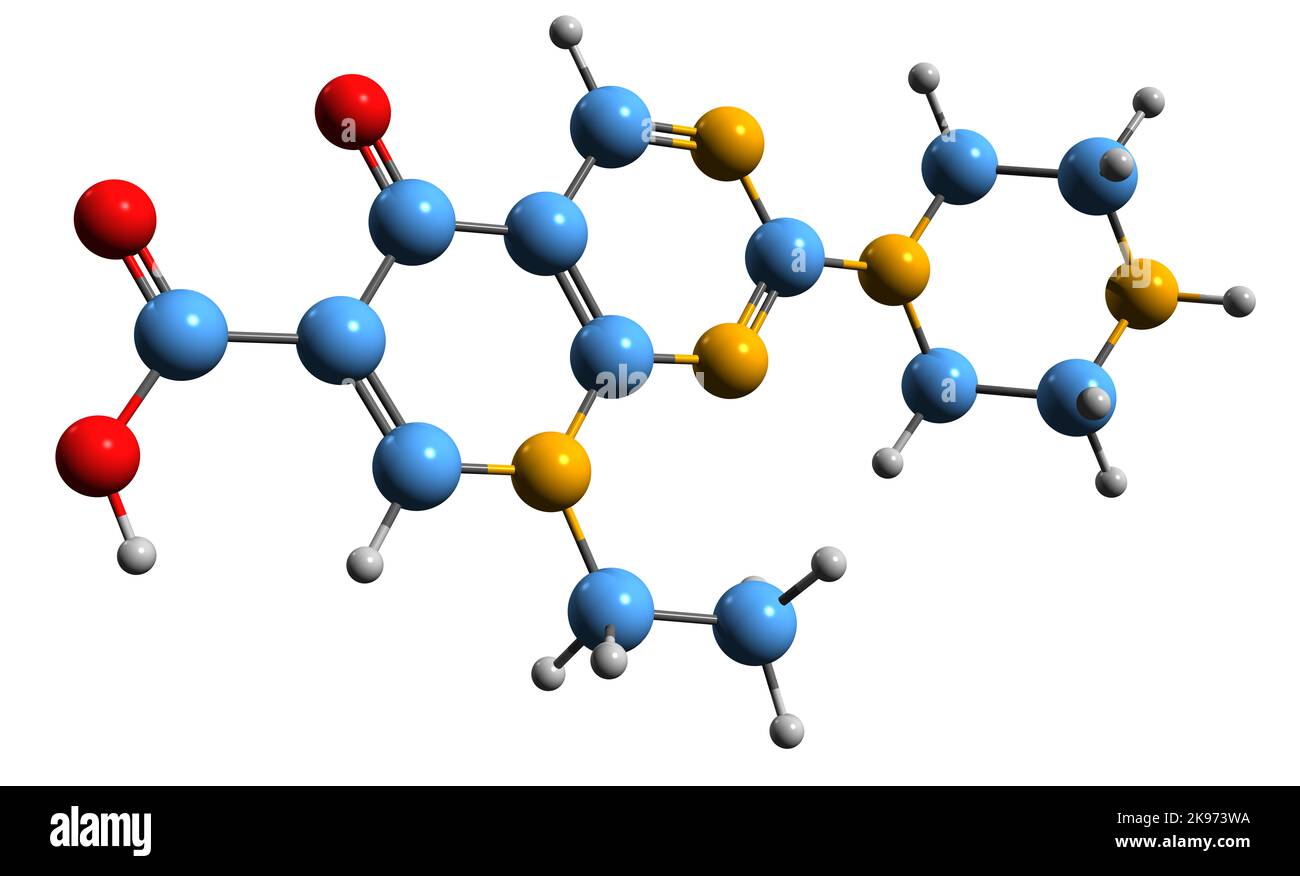 3D Bild der Skelettformel der Pipemidiinsäure - molekulare chemische Struktur von Pyridopyrimidin antibakteriell isoliert auf weißem Hintergrund Stockfoto