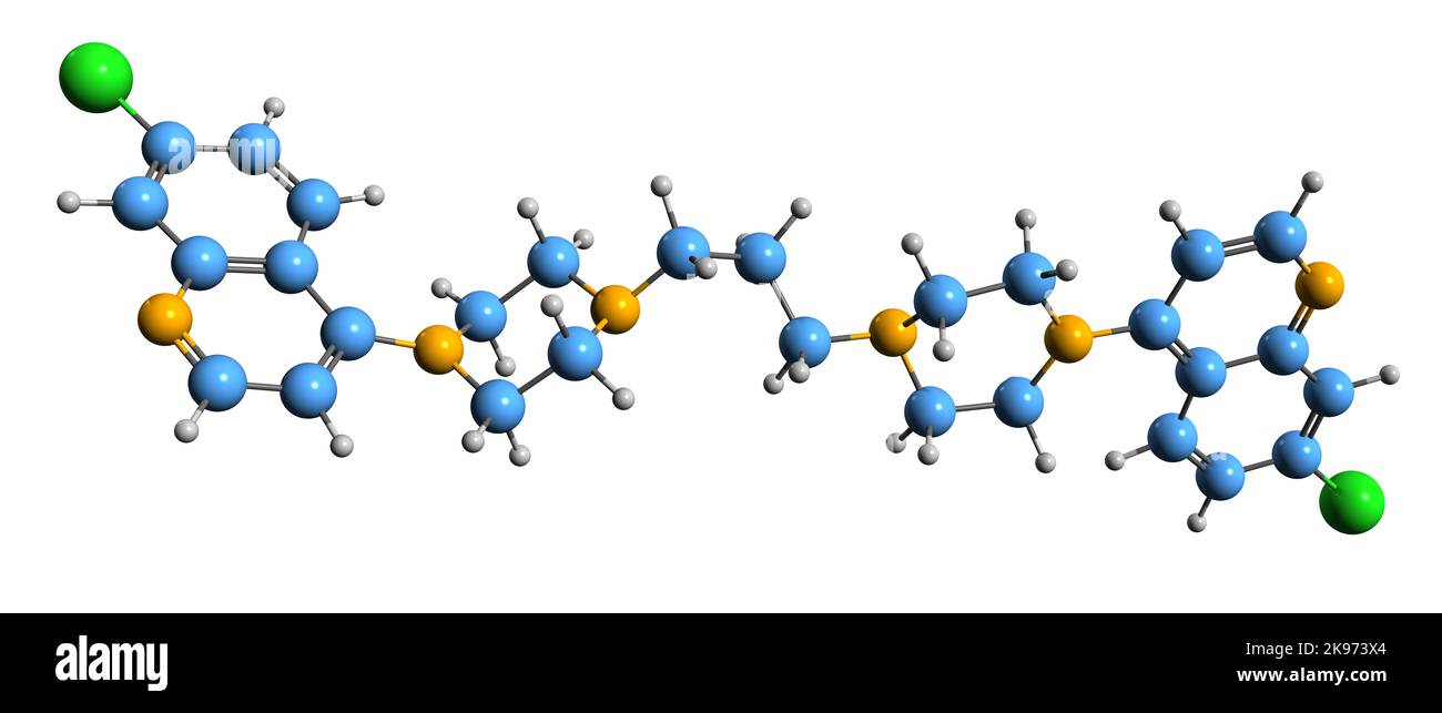 3D Bild der Skelettformel von Piperaquine - molekulare chemische Struktur eines parasitären Medikaments auf weißem Hintergrund isoliert Stockfoto
