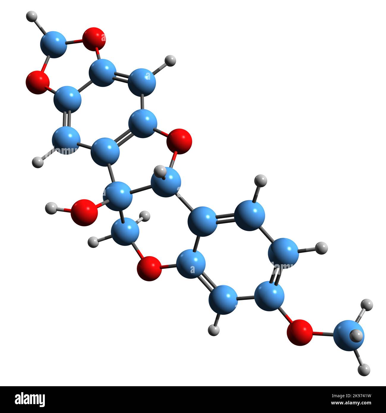 3D Bild der Pisatin-Skelettformel - molekulare chemische Struktur von Phytoalexin isoliert auf weißem Hintergrund Stockfoto