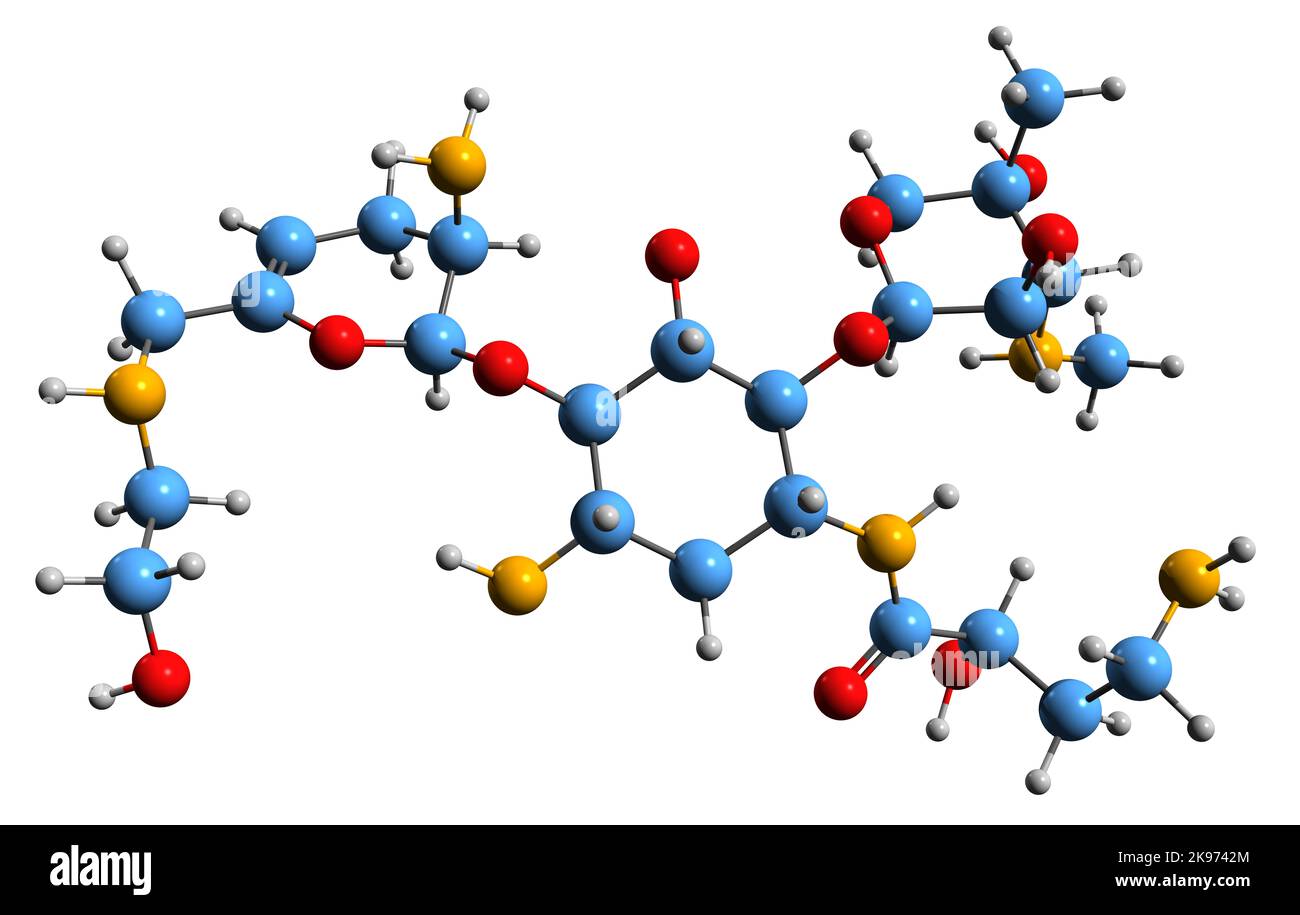 3D Bild der Plazomicin-Skelettformel - molekulare chemische Struktur des Aminoglykosid-Antibiotikums, isoliert auf weißem Hintergrund Stockfoto