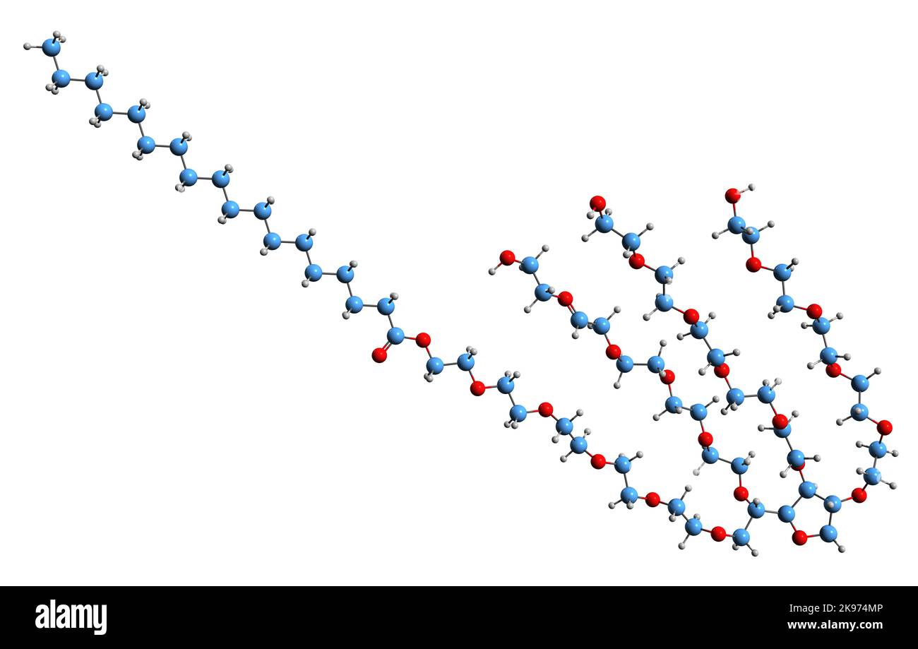 3D Abbildung eines Beispiels der Skelettformel Polysorbat 60 - molekularchemische Struktur des Emulgators auf weißem Hintergrund isoliert Stockfoto