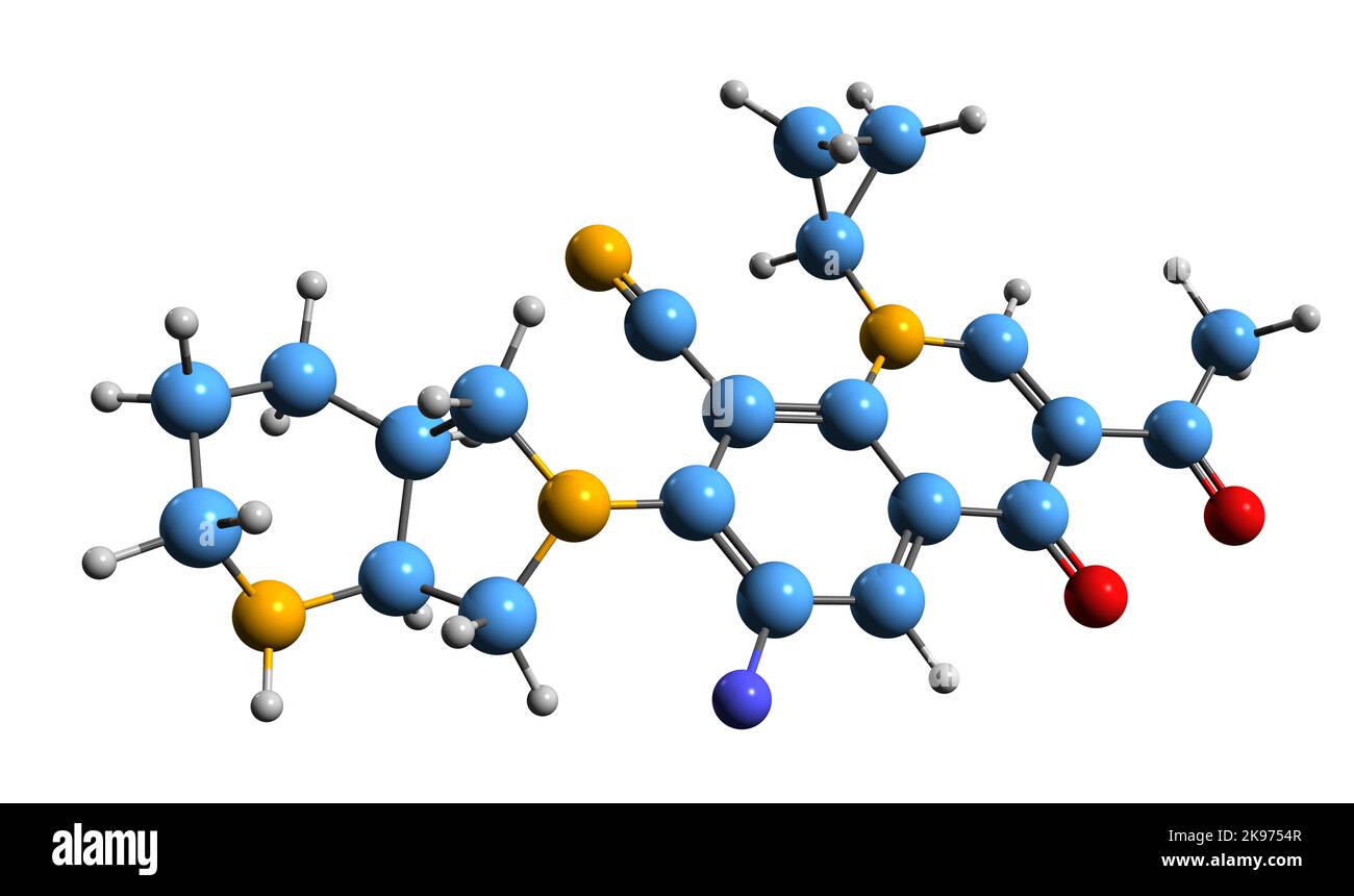 3D Bild der Skelettformel von Pradofloxacin - molekularchemische Struktur eines auf weißem Hintergrund isolierten tierärztlichen Antibiotikums Stockfoto