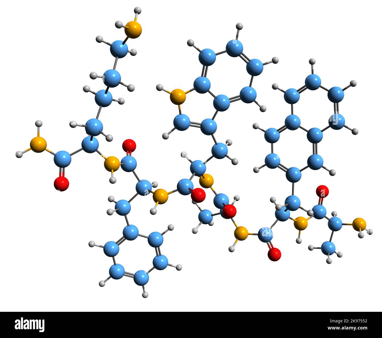 3D Bild der Skelettformel von Pralmorelin - molekulare chemische Struktur von Pralmorelin-Hydrochlorid auf weißem Hintergrund isoliert Stockfoto