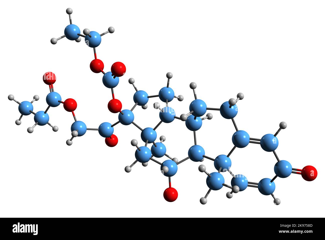 3D Bild der Skelettformel von Prednicarbat - molekularchemische Struktur eines topischen Kortikosteroid-Medikaments auf weißem Hintergrund isoliert Stockfoto