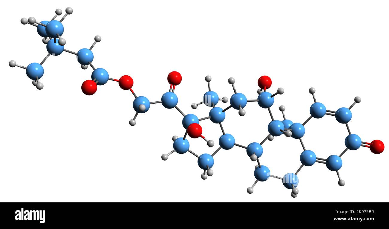 3D Bild der Skelettformel des Prednisolon-Tebutats - molekularchemische Struktur des synthetischen Glucocorticoid-Kortikosteroids, isoliert auf weißem Backgr Stockfoto