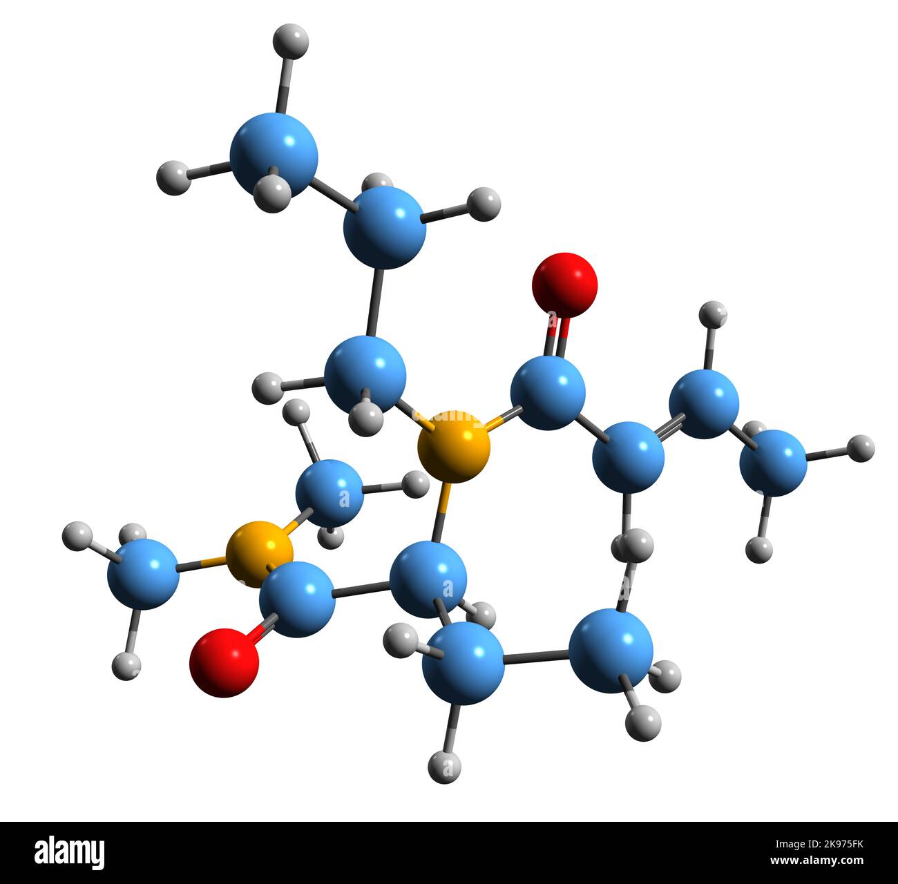 3D Bild der Skelettformel von Prethcamid - molekularchemische Struktur des respiratorischen Stimulans isoliert auf weißem Hintergrund Stockfoto