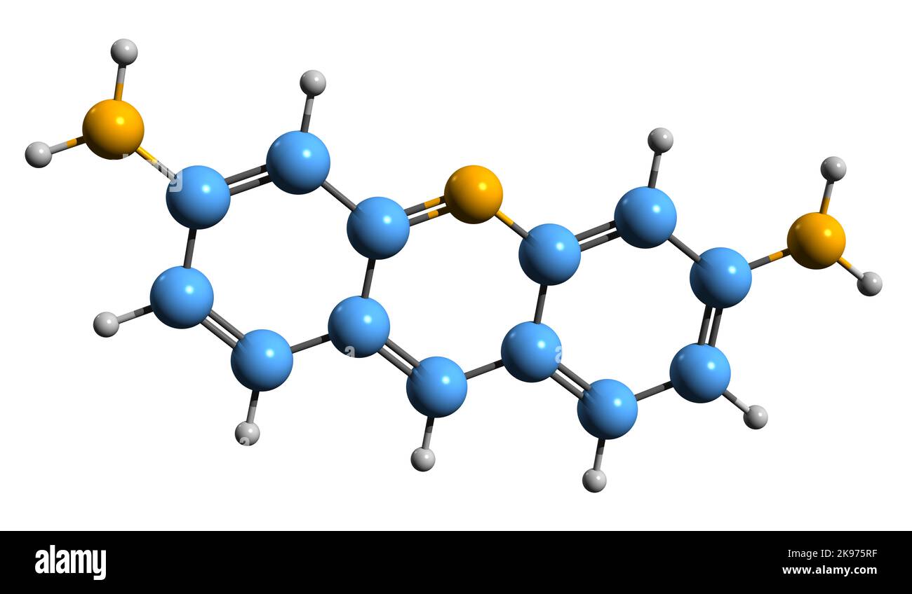 3D Bild der Proflavin-Skelettformel - molekularchemische Struktur des Desinfektionsmittels Diaminoacridin isoliert auf weißem Hintergrund Stockfoto