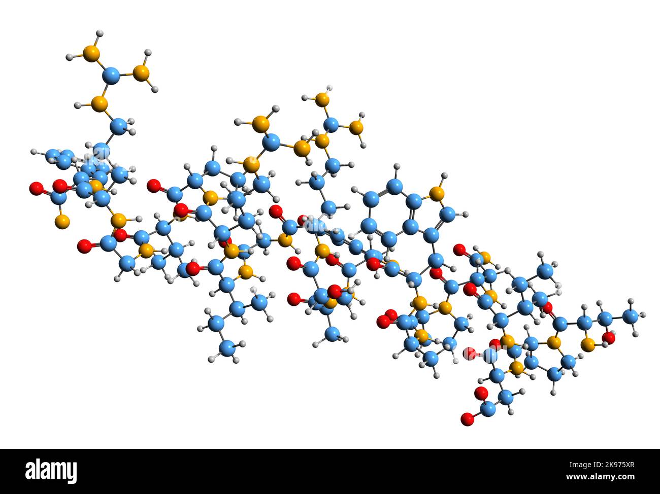 3D Bild der Prolaktin-freisetzenden Peptid-Skelettformel - molekularchemische Struktur des Peptid-Hormons, isoliert auf weißem Hintergrund Stockfoto