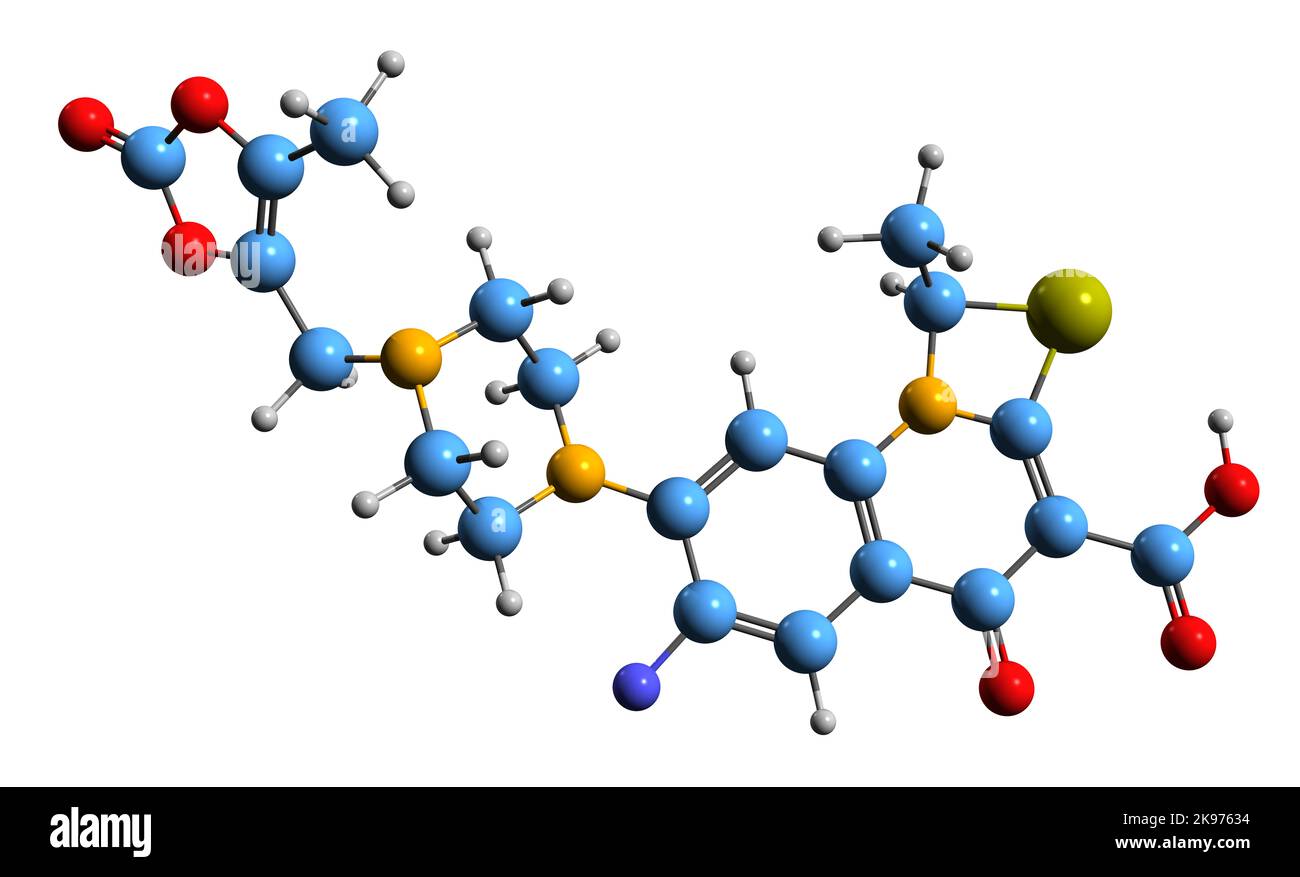 3D Bild der Skelettformel von Prulifloxacin - molekulare chemische Struktur eines synthetischen Fluorchinolon-Antibiotikums, das auf weißem Hintergrund isoliert ist Stockfoto