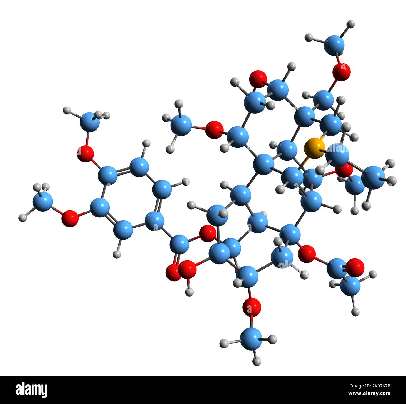 3D Bild der Pseudaconitine-Skelettformel - molekulare chemische Struktur eines extrem toxischen Alkaloids, isoliert auf weißem Hintergrund Stockfoto