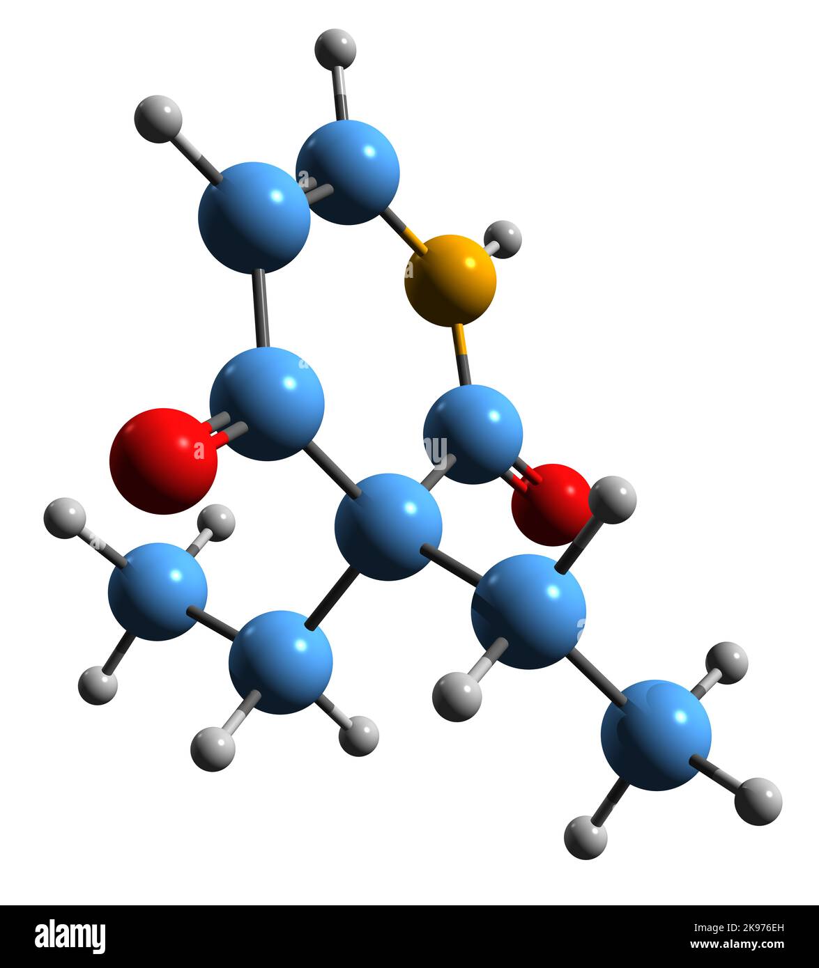 3D Bild der Skelettformel von Pyrithyldion - molekulare chemische Struktur des psychoaktiven Medikaments auf weißem Hintergrund isoliert Stockfoto