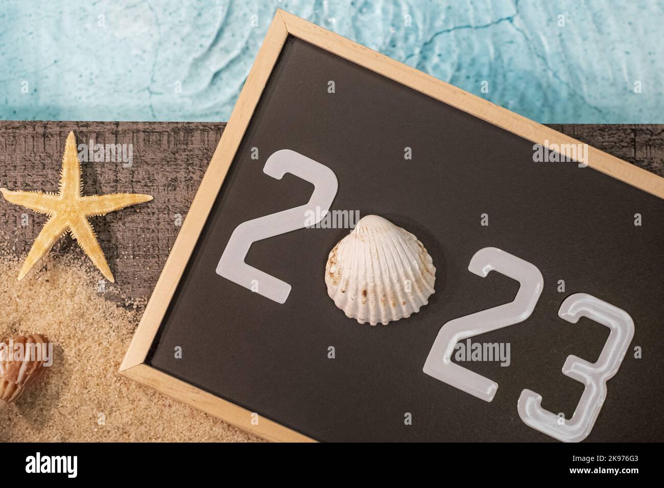 Frohes neues Jahr 2023 Konzept mit einer Schale und einem Seestern am Pool. Winterurlaub in der Sonne. Stockfoto