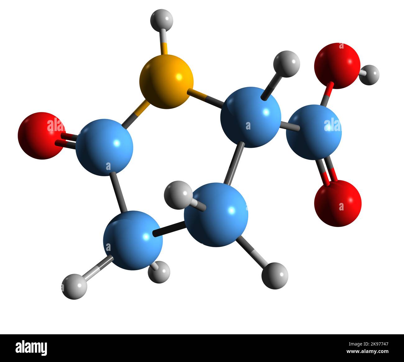 3D Bild der Skelettformel der Pyroglutaminsäure - molekulare chemische Struktur der 5-Oxopyrrolidin-2-Carbonsäure isoliert auf weißem Hintergrund Stockfoto