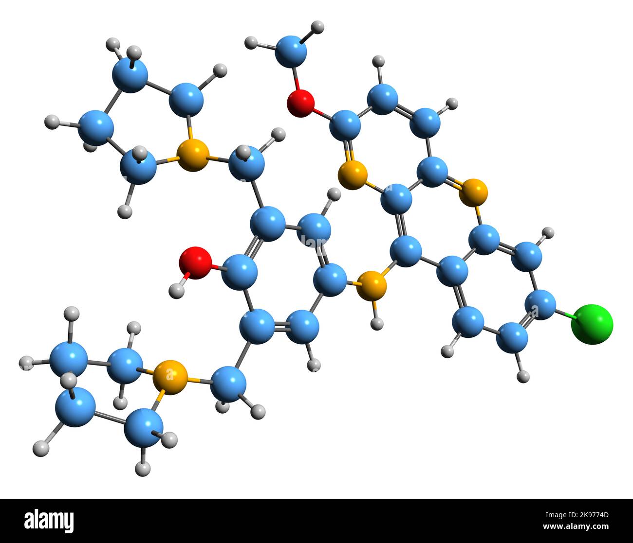 3D Bild der Skelettformel von Pyronaridin - molekularchemische Struktur des Malariums, isoliert auf weißem Hintergrund Stockfoto