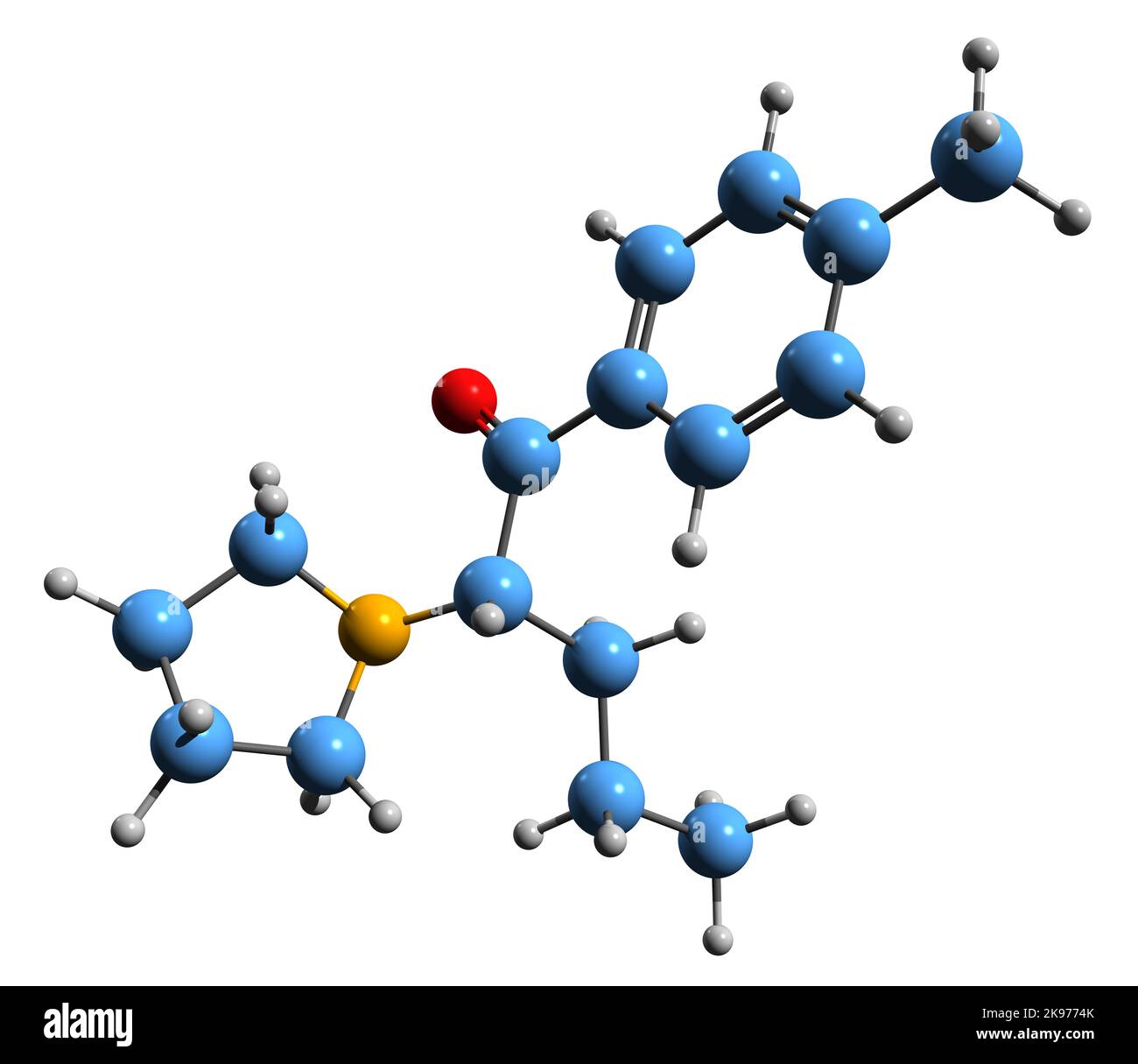 3D Bild der Skelettformel von Pyrovaleron - molekularchemische Struktur des psychoaktiven Medikaments auf weißem Hintergrund isoliert Stockfoto