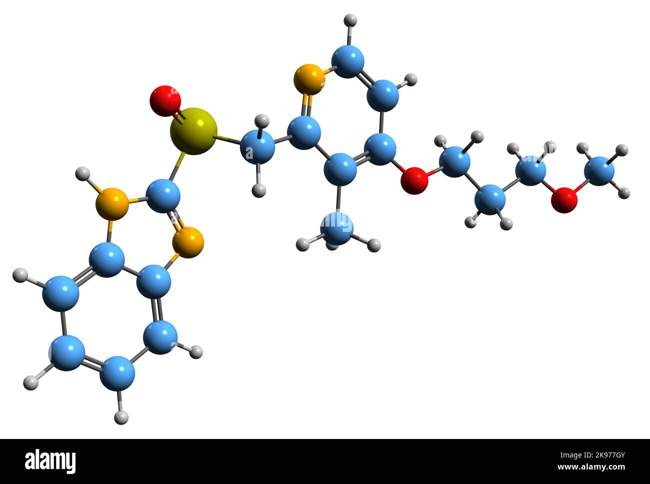 3D Bild der Skelettformel von Rabeprazol - molekularchemische Struktur des Protonenpumpeninhibitors auf weißem Hintergrund isoliert Stockfoto