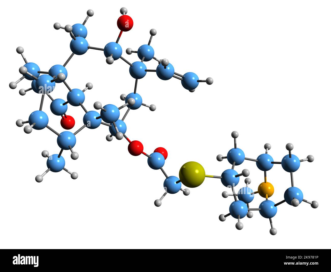 3D Bild der Skelettformel von Retapamulin - molekularchemische Struktur eines topischen Antibiotikums, isoliert auf weißem Hintergrund Stockfoto