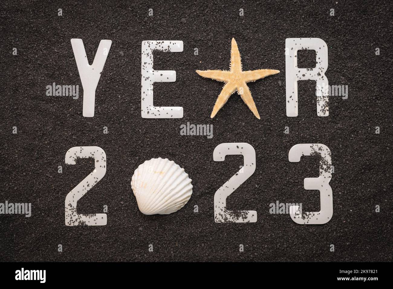 Frohes neues Jahr 2023 Konzept mit einer Schale und einem Seesterne. Winterurlaub in der Sonne. Stockfoto