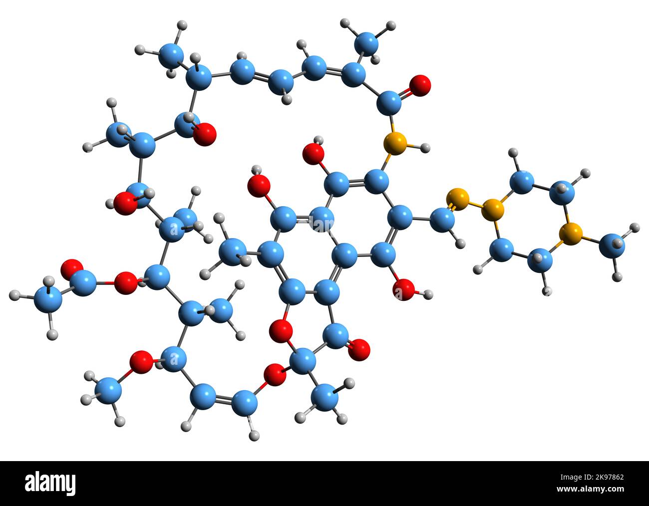 3D Bild der Skelettformel von Rifampicin - molekularchemische Struktur des Ansamycin-Antibiotikums, isoliert auf weißem Hintergrund Stockfoto