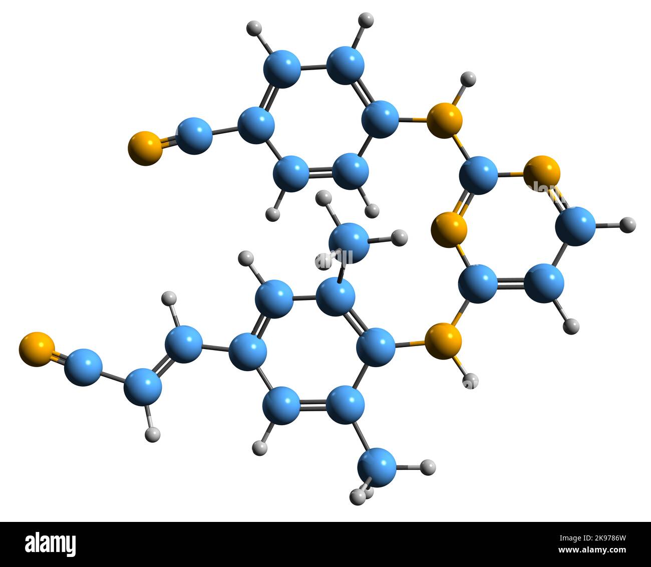 3D Bild der Rilpivirin-Skelettformel - molekularchemische Struktur von HIV/AIDS-Medikamenten isoliert auf weißem Hintergrund Stockfoto