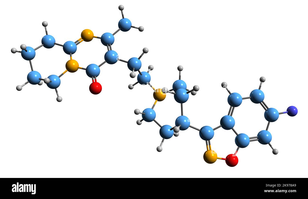 3D Bild der Skelettformel von Risperidon - molekulare chemische Struktur von atypischen antipsychotischen, auf weißem Hintergrund isolierten Substanzen Stockfoto