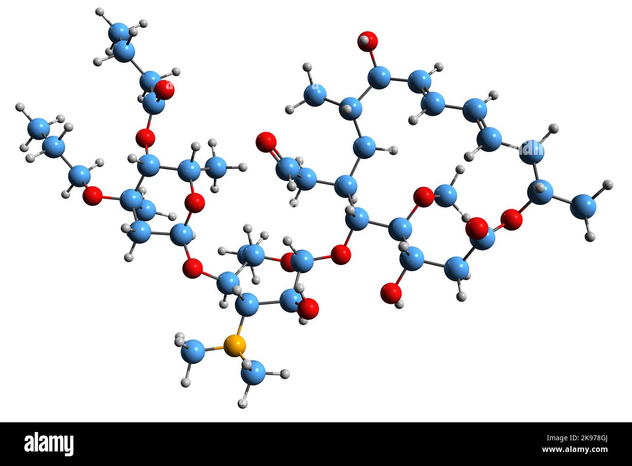 3D Bild der Skelettformel von Rokitamycin - molekulare chemische Struktur des Makrolid-Antibiotikums, isoliert auf weißem Hintergrund Stockfoto