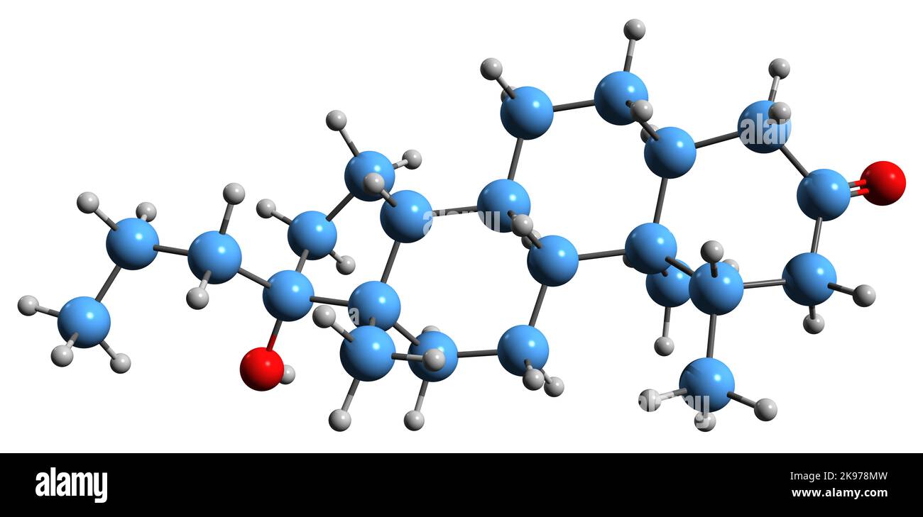 3D Bild der Skelettformel von Rosterolone - molekulare chemische Struktur des steroidalen Antiandrogens, isoliert auf weißem Hintergrund Stockfoto