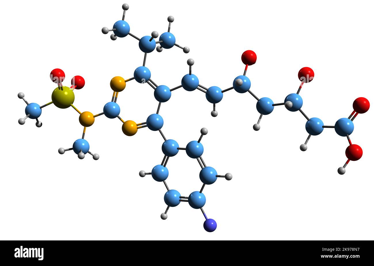 3D Abbildung der Skelettformel von Rosuvastatin - molekularchemische Struktur von Statin-Medikamenten auf weißem Hintergrund isoliert Stockfoto