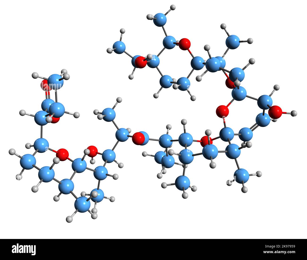 3D Bild der Salinomycin-Skelettformel - molekularchemische Struktur des antibakteriellen und Coccidiostat-Medikaments auf weißem Hintergrund isoliert Stockfoto