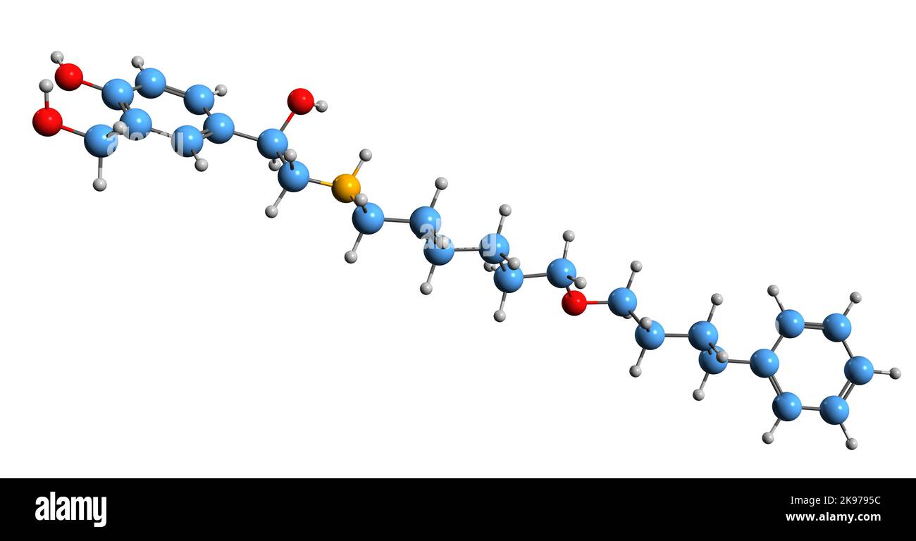 3D Aufnahme der Salmeterol-Skelettformel - molekularchemische Struktur von beta2 adrenergen Rezeptoragonisten isoliert auf weißem Hintergrund Stockfoto