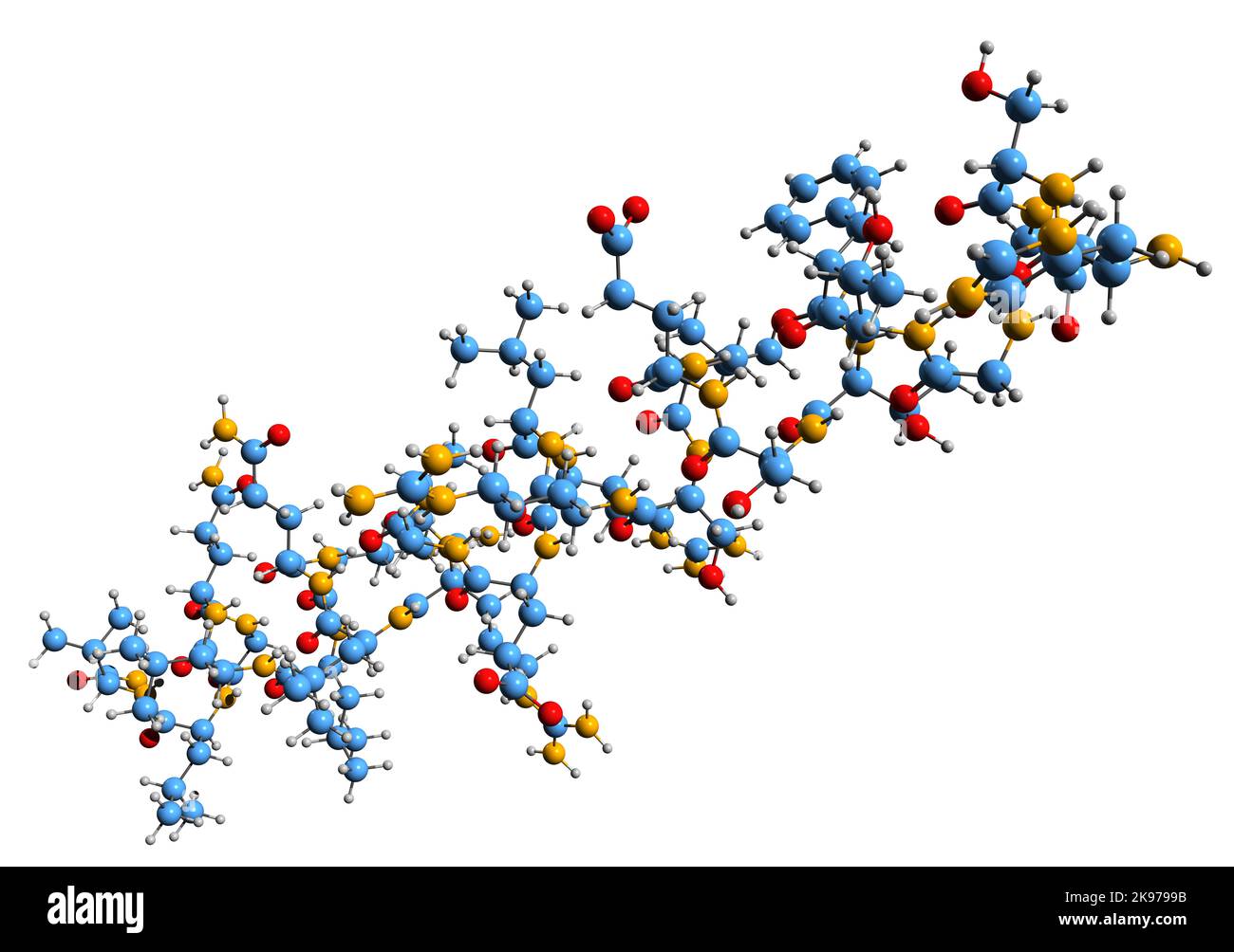 3D Bild der Secretin Skelettformel - molekularchemische Struktur des Hormons der Wasserhomöostase auf weißem Hintergrund isoliert Stockfoto