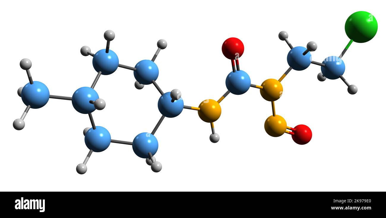 3D Bild der Skelettformel der Semustine - molekulare chemische Struktur der alkylierenden Nitrosoharnverbindung auf weißem Hintergrund isoliert Stockfoto