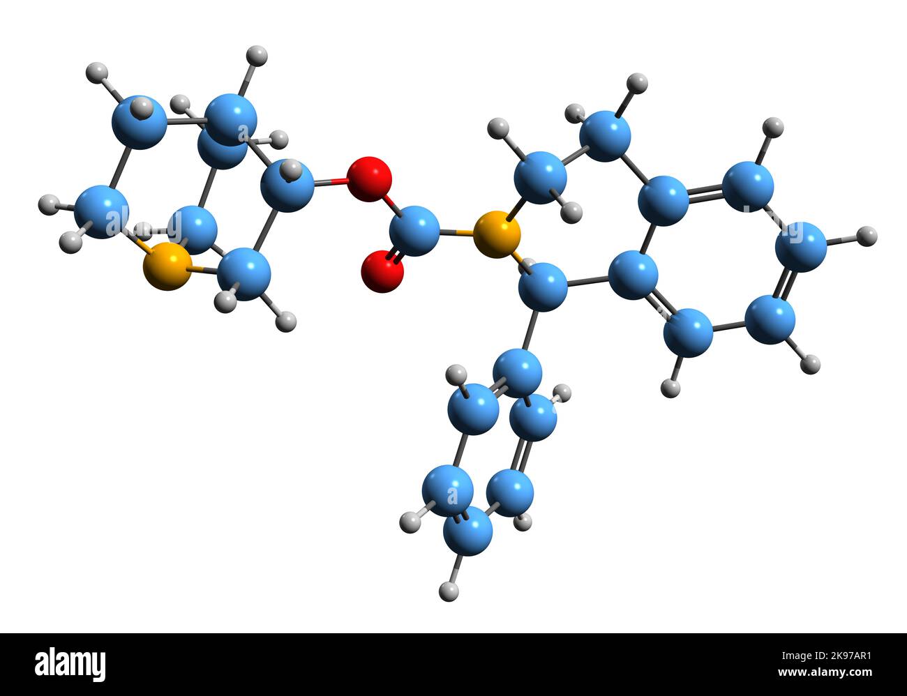 3D Bild der Skelettformel von Solifenacin - molekulare chemische Struktur von überaktiven Blasenmedikamenten isoliert auf weißem Hintergrund Stockfoto