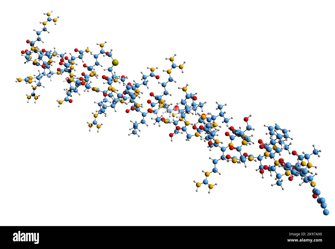 3D Bild der Somatoliberin-Skelettformel - molekularchemische Struktur des Wachstumshormons – freisetzendes Hormon isoliert auf weißem Hintergrund Stockfoto
