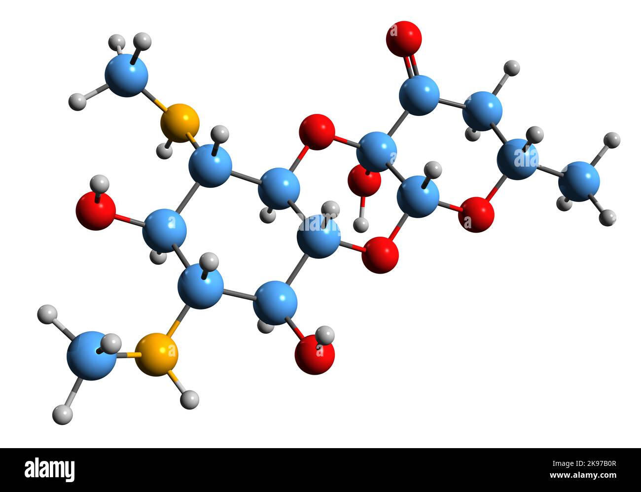 3D Bild der Skelettformel von Spectinomycin - molekulare chemische Struktur von Gonorrhoe-Infektionen Antibiotikum isoliert auf weißem Hintergrund Stockfoto