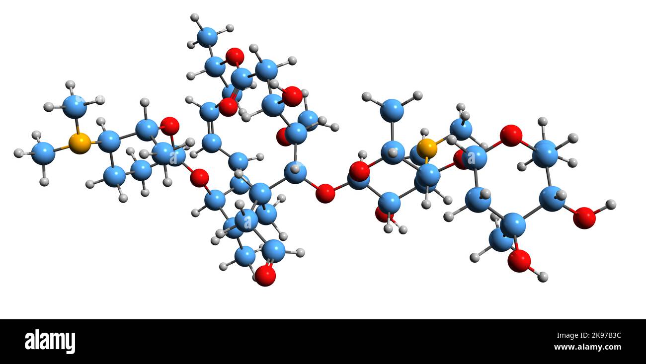 3D Bild der Spiramycin-Skelettformel - molekularchemische Struktur des Makrolid-Antibiotikums Е710 isoliert auf weißem Hintergrund Stockfoto