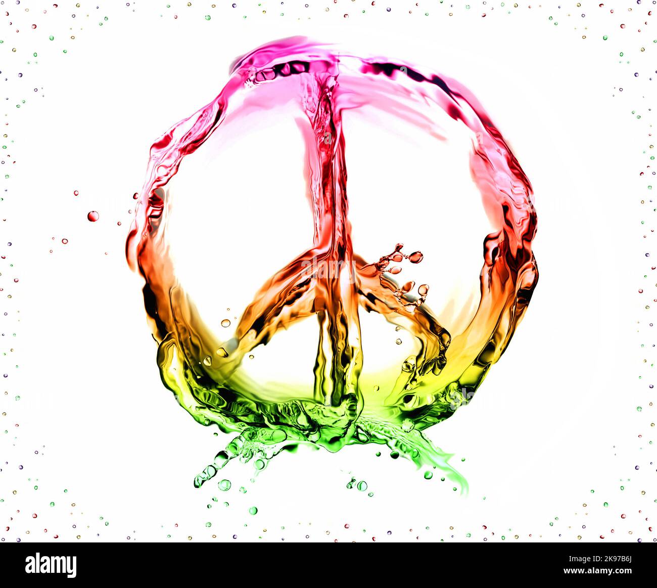 Das Peace & Love-Symbol aus bunt-farbiger Flüssigkeit auf Weiß und umrahmt von Blasen. Stockfoto