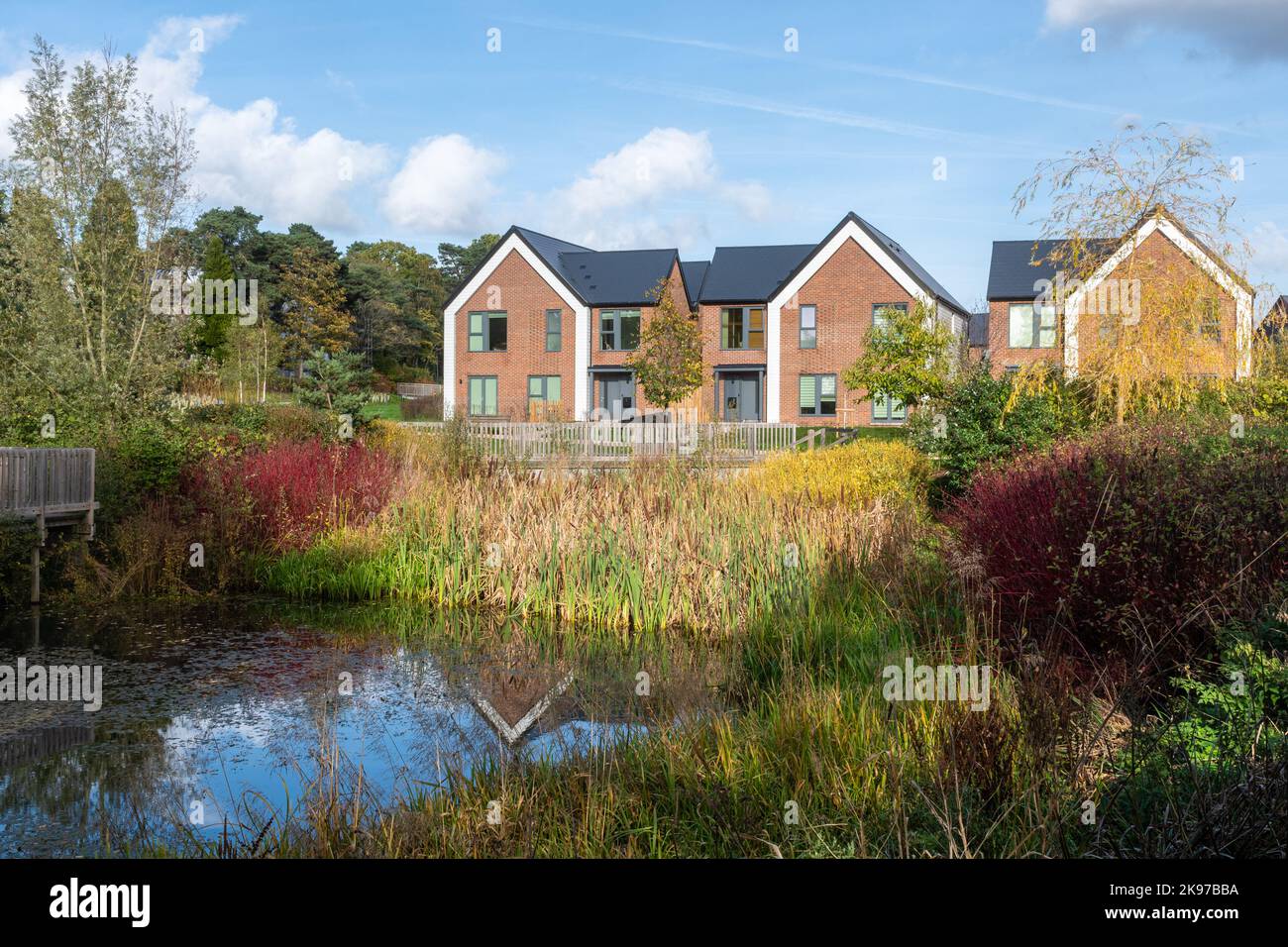 2022 wurde in Deepcut, Surrey, England, ein neues Wohnbauland namens Mindenhurst eröffnet. Trivselhus Scandi Stil Häuser und Teich. Stockfoto