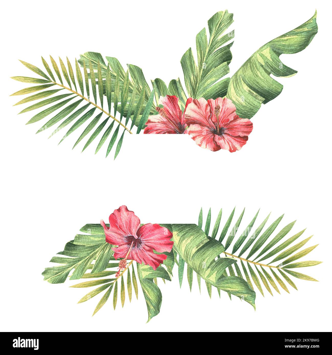 Tropische Palmenblätter mit roten Hibiskusblüten. Aquarelldarstellung. Ein Rahmen aus der CUBA Kollektion. Zur Registrierung und Gestaltung von Einladungen Stockfoto