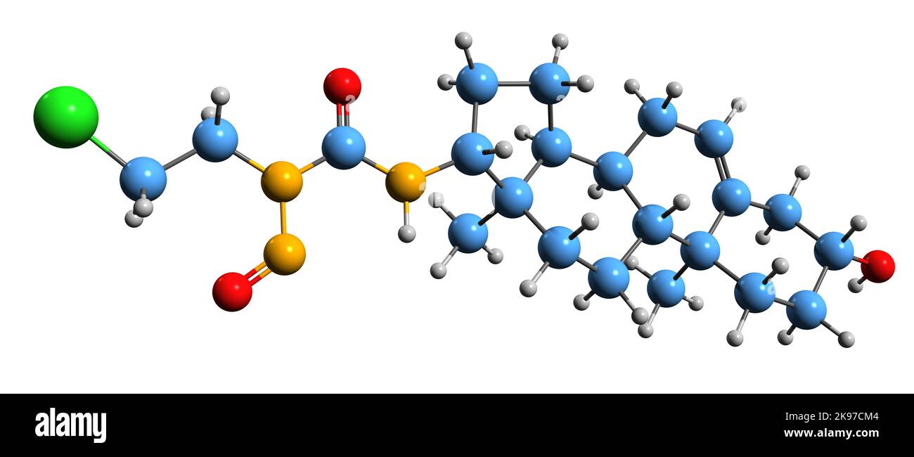 3D Aufnahme der Sturamustine-Skelettformel - molekulare chemische Struktur von Dehydroepiandrosteron isoliert auf weißem Hintergrund Stockfoto