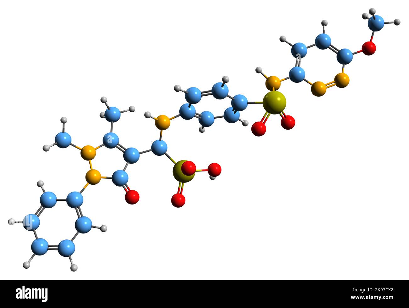 3D Bild der Sulfamazon-Skelettformel - molekulare chemische Struktur des Sulfonamid-Antibiotikums, isoliert auf weißem Hintergrund Stockfoto