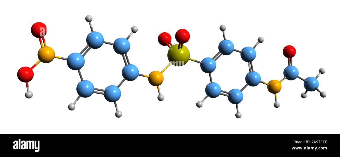 3D Bild der Sulfanitran-Skelettformel - molekulare chemische Struktur des Sulfonamid-Antibiotikums, isoliert auf weißem Hintergrund Stockfoto