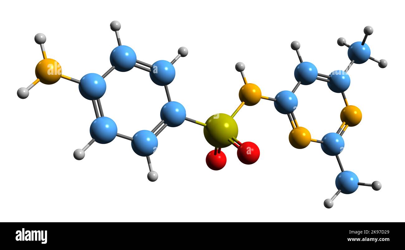 3D Bild der Sulfisomidin-Skelettformel - molekulare chemische Struktur von Sulphasidin isoliert auf weißem Hintergrund Stockfoto