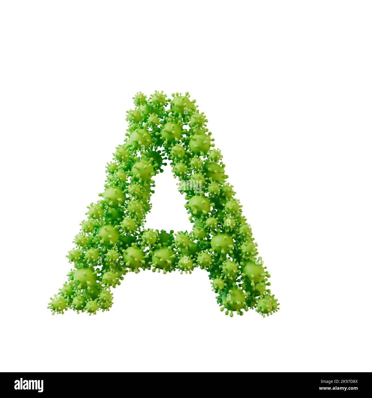 Buchstabe A aus einer Virusgrippe und einem Keimmeolekül. 3D Rendering Stockfoto